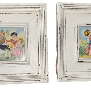 2-Vintage Mid Century framed Lambert Art Prints Shabby Chic Distressed Frames